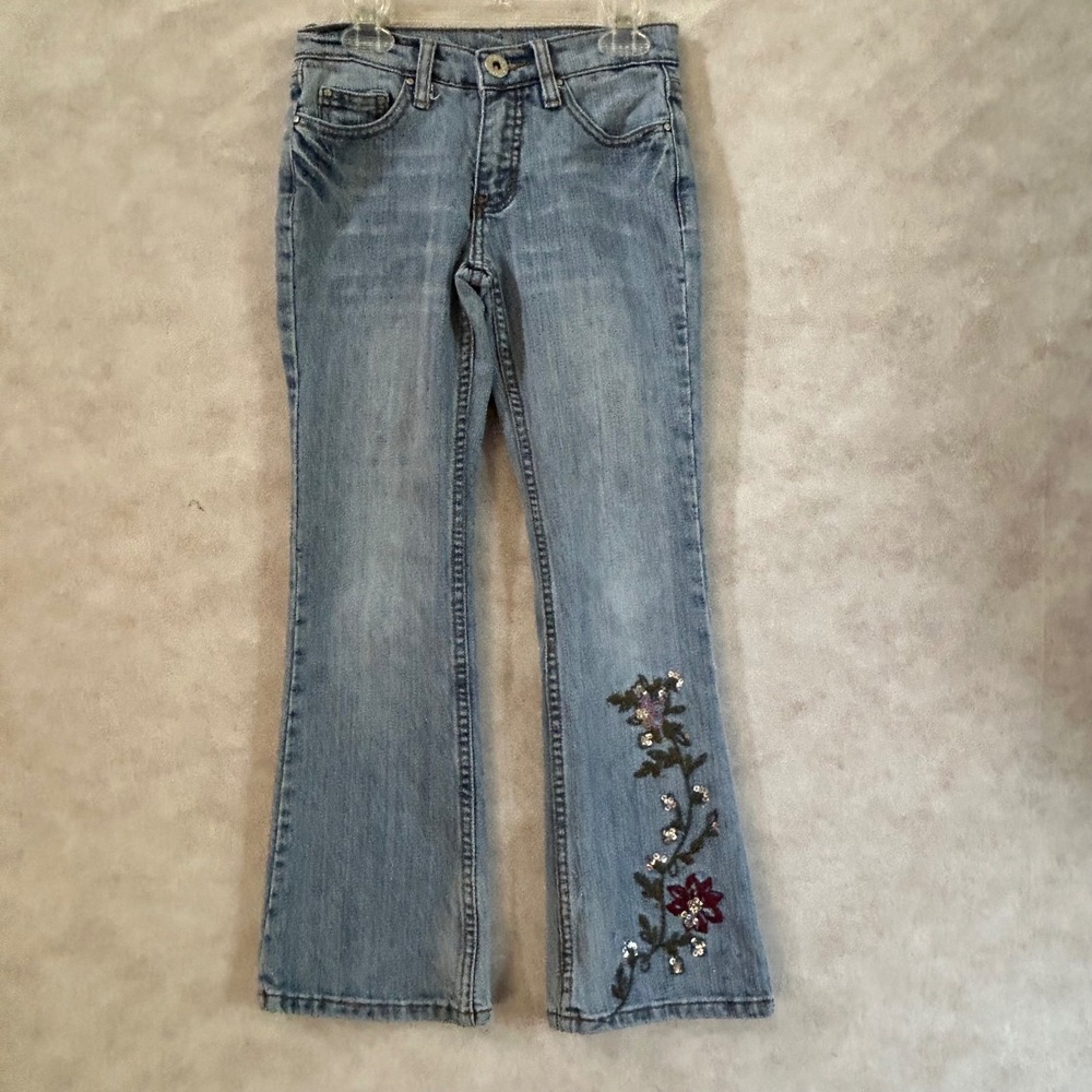 Vanilla Star Kids Girls Light Wash Floral Embroidered Sequin Bootcut Jeans 8